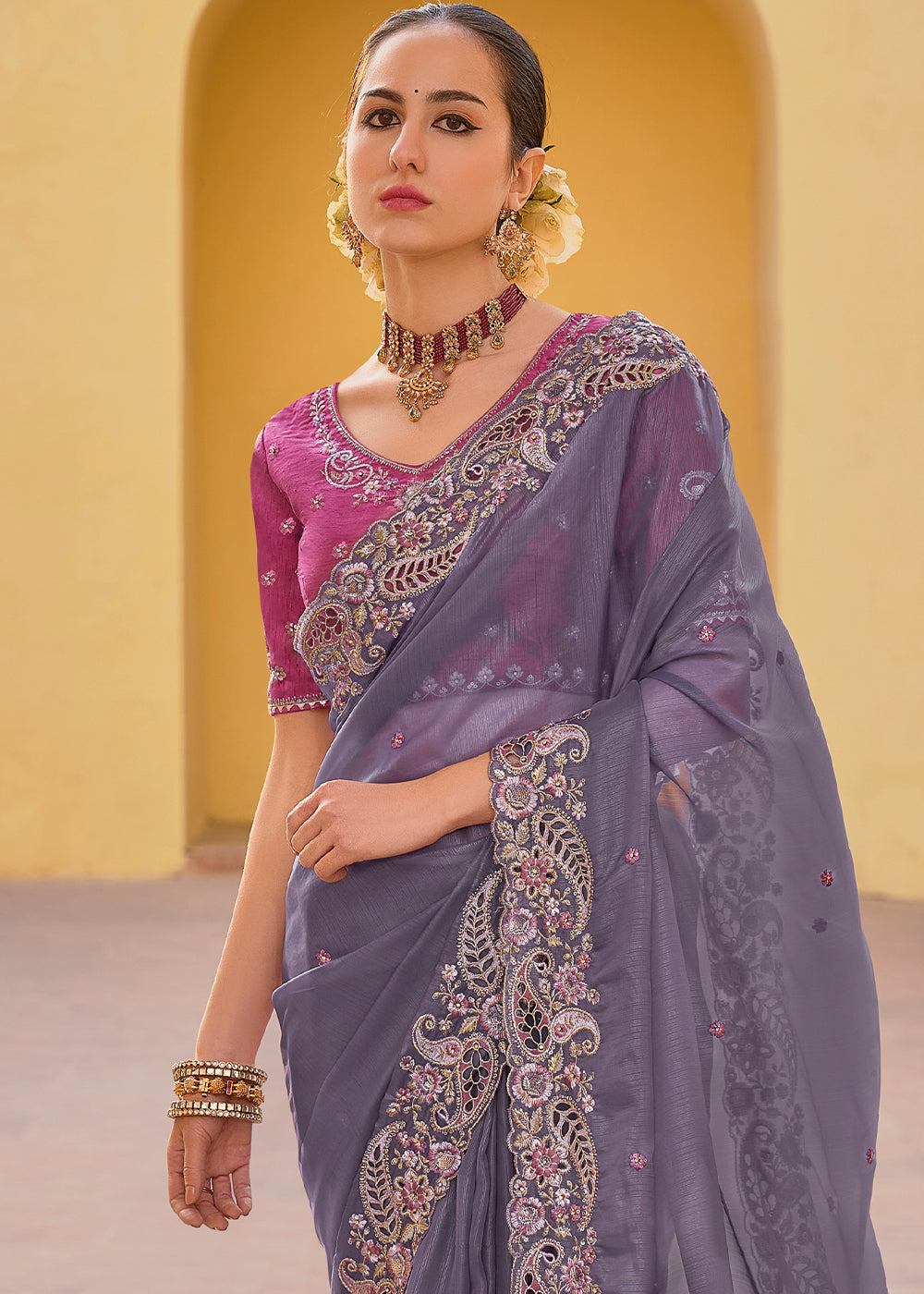 Salt Box Grey Tissue Organza Embroidered Silk Saree