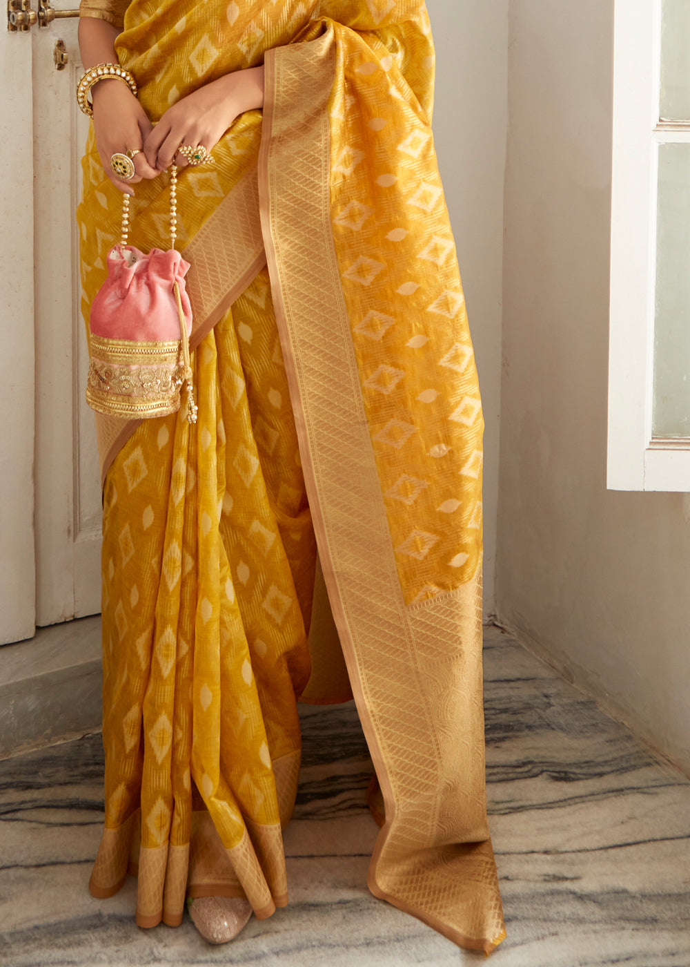 Porsche Yellow Woven Banarasi Organza Silk Saree