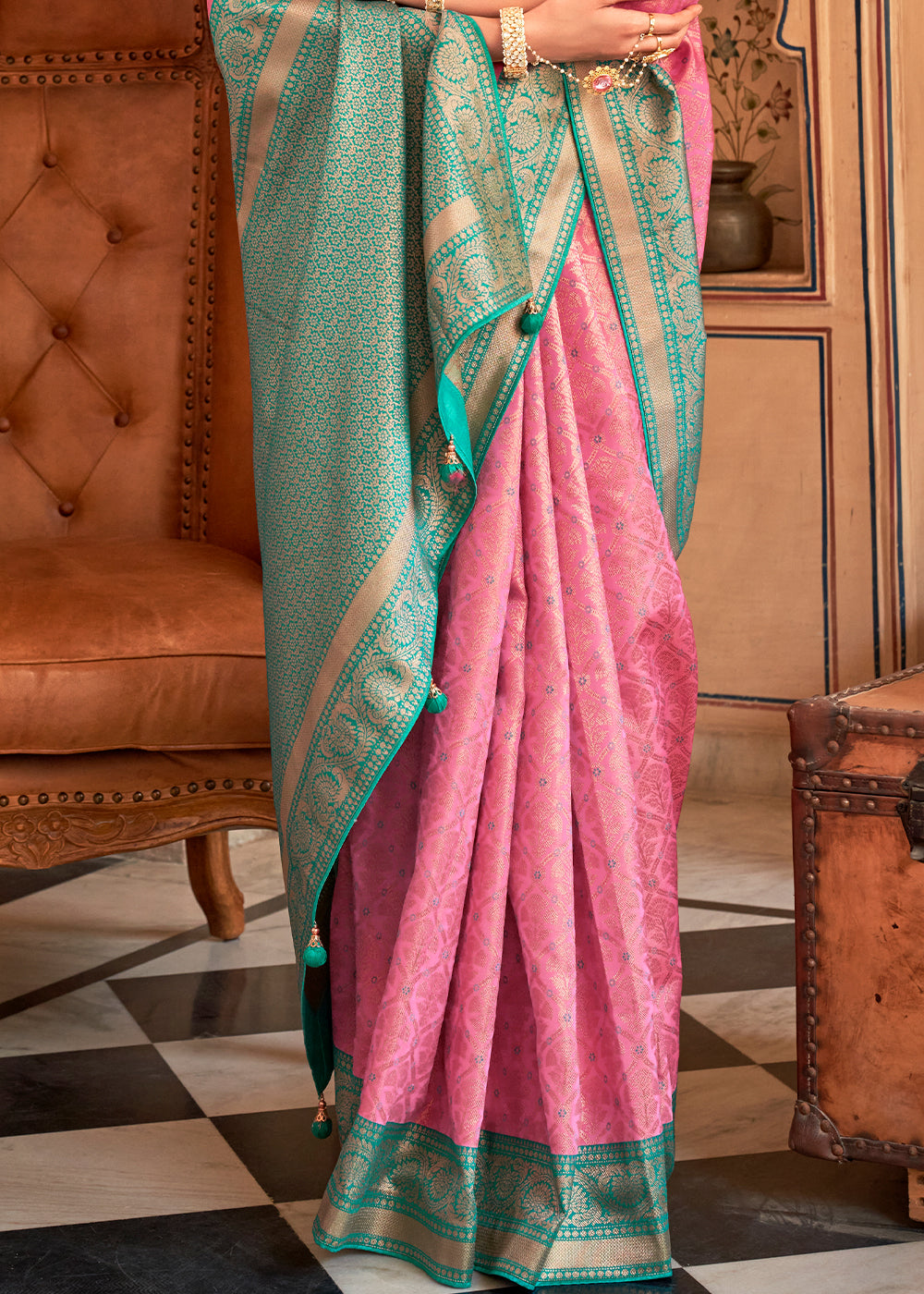 Chestnut Rose Pink Zari Woven Banarasi Silk Saree