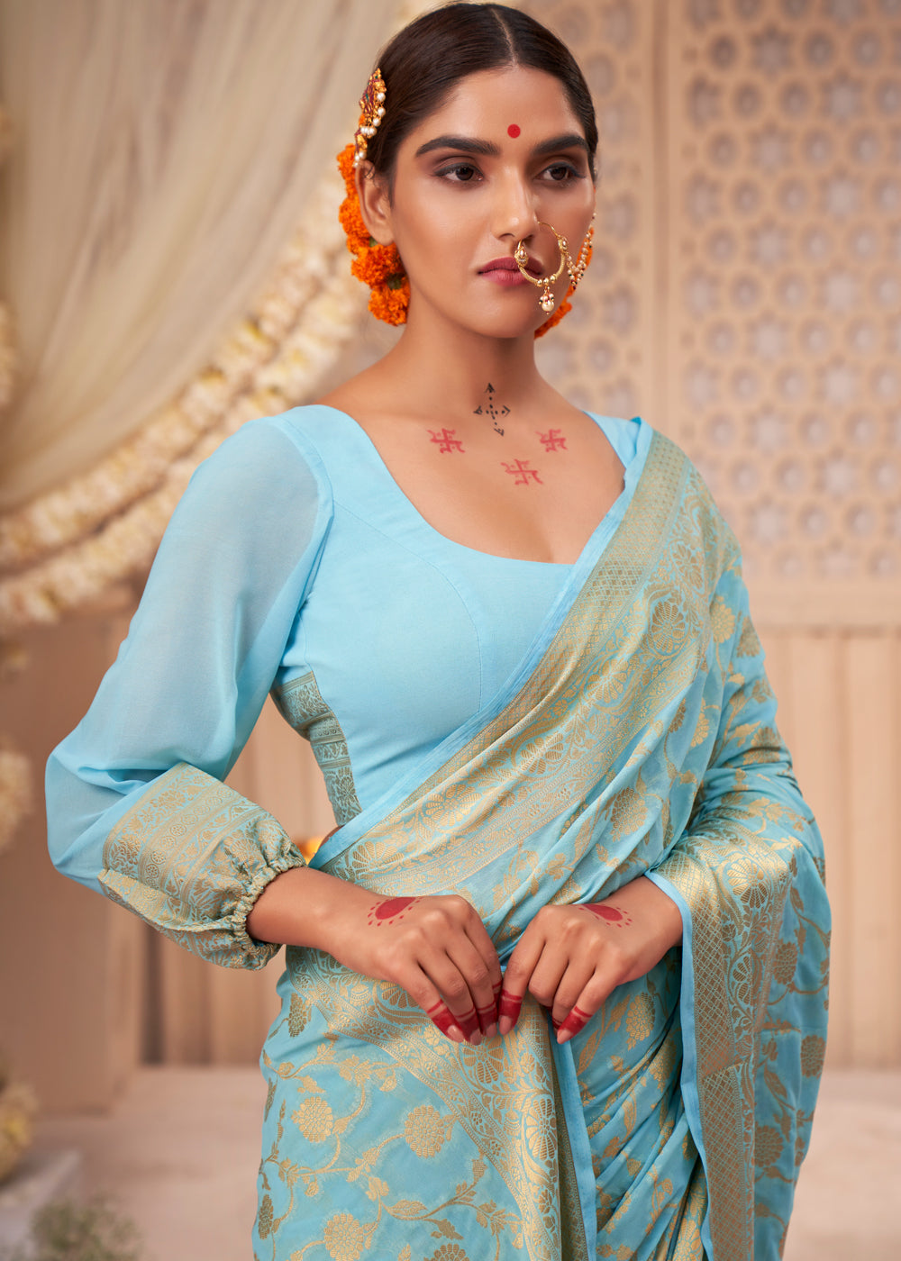 Sea Nymph Blue Woven Georgette Saree