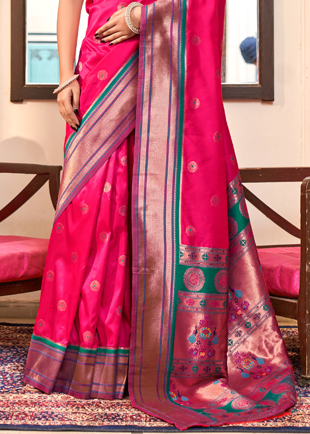 Bright Pink Woven Paithani Soft Silk Saree