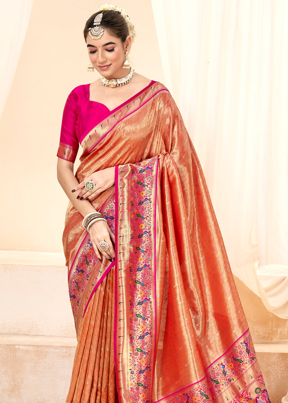 Burnt Sienna Orange Woven Paithani Tissue Silk Saree