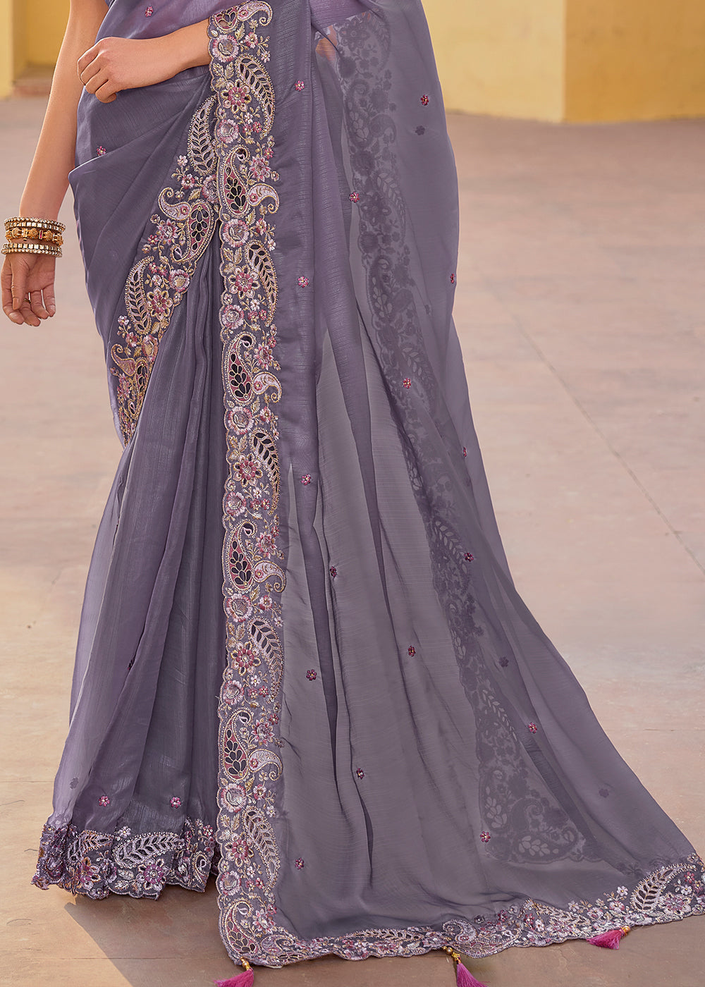 Salt Box Grey Tissue Organza Embroidered Silk Saree