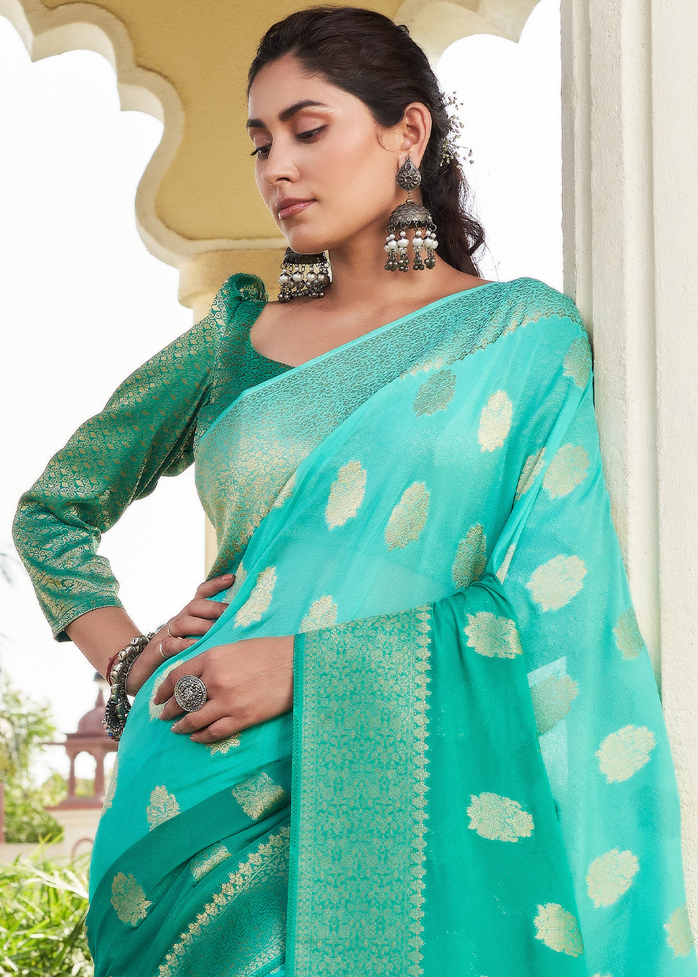 Robins Egg Blue Zari Woven Georgette Saree