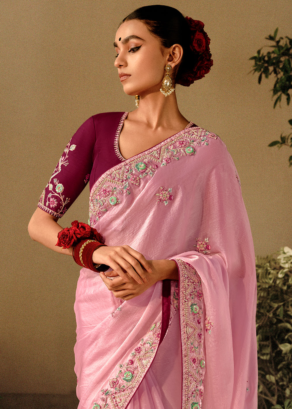 Shilo Pink Embroidery Designer Banarasi Dola Silk Saree