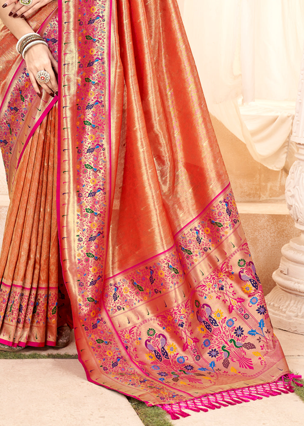 Burnt Sienna Orange Woven Paithani Tissue Silk Saree