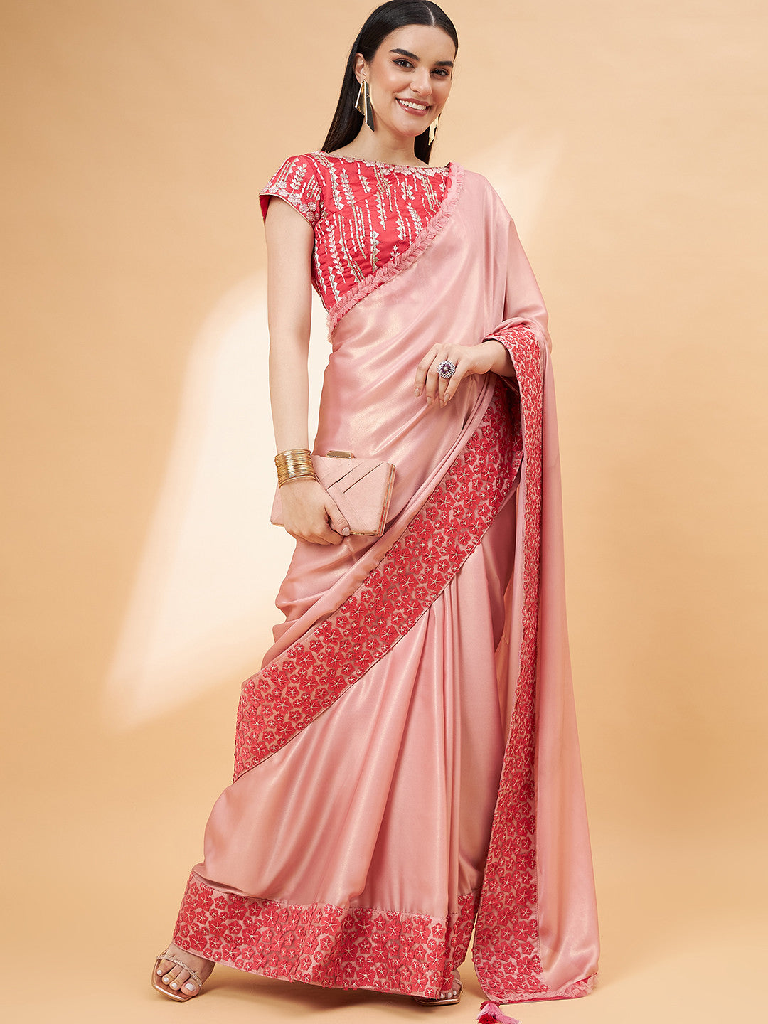 Shimmering Peach Georgette Designer Saree