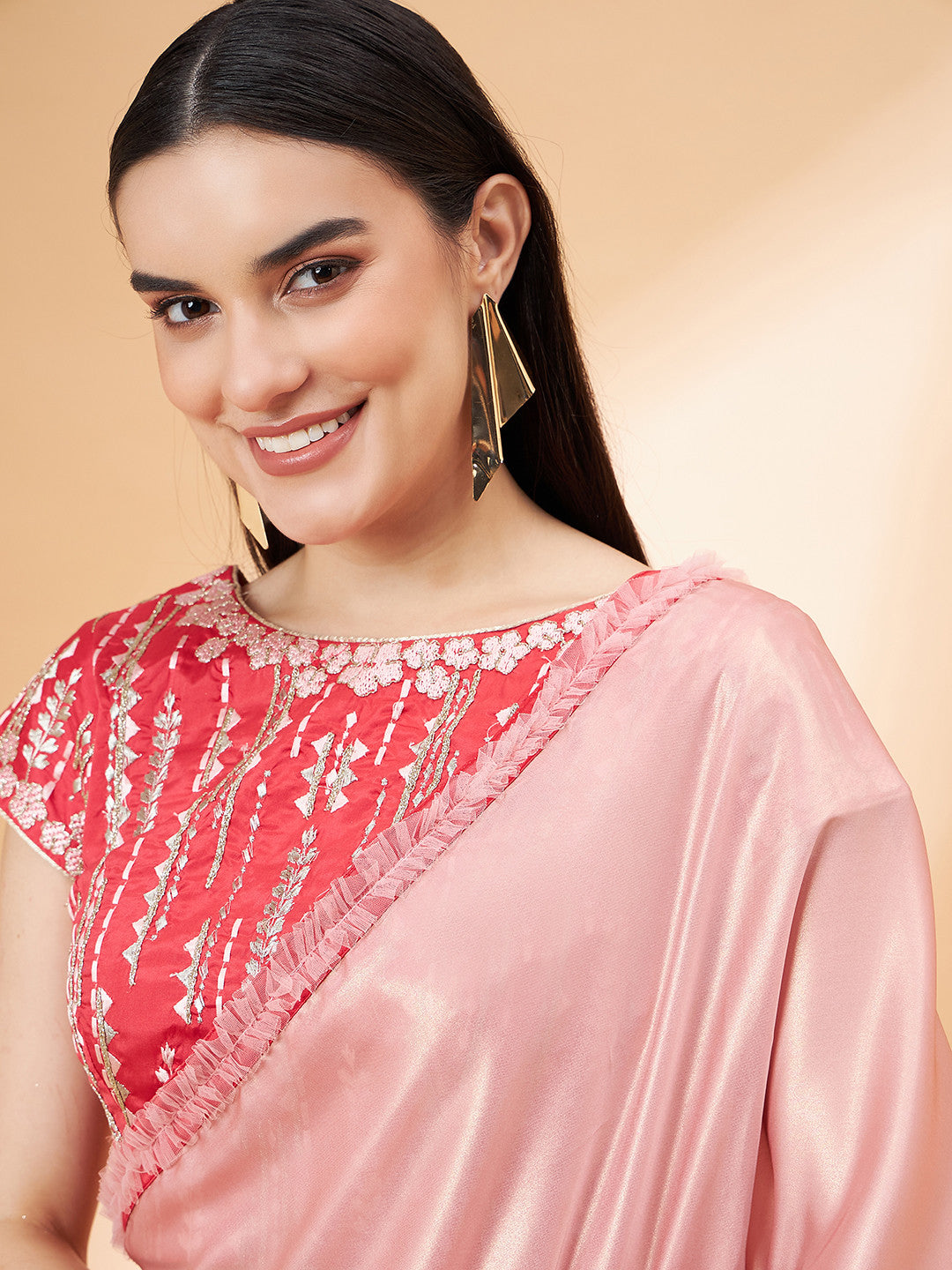 Shimmering Peach Georgette Designer Saree