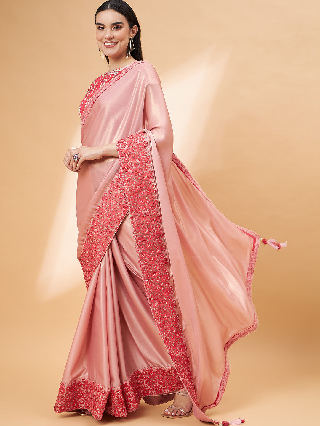 Shimmering Peach Georgette Designer Saree