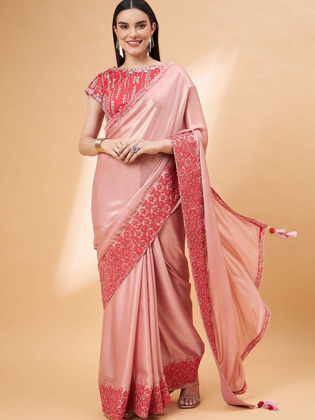 Shimmering Peach Georgette Designer Saree