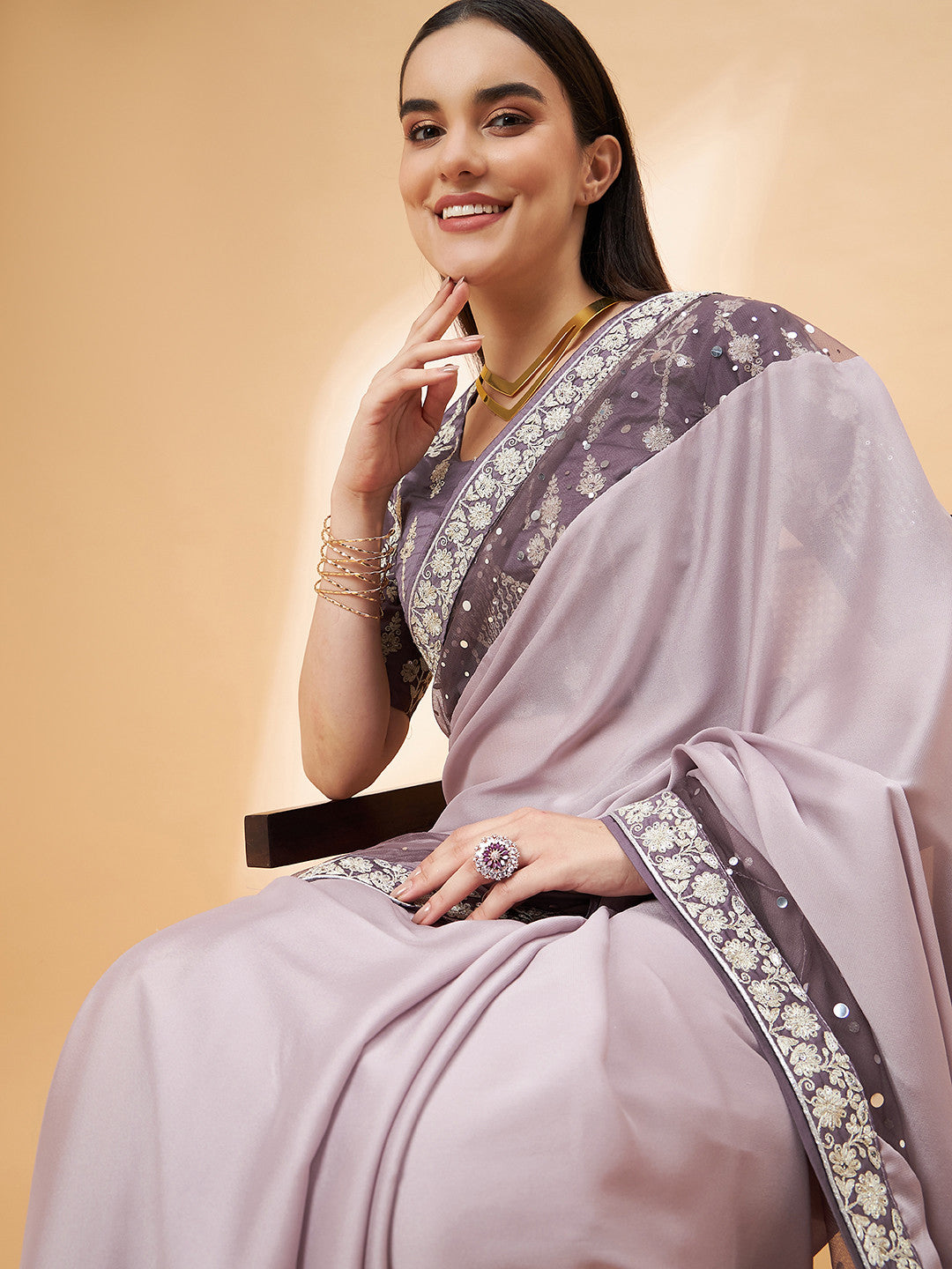 Light Shade Purple Georgette Designer Saree