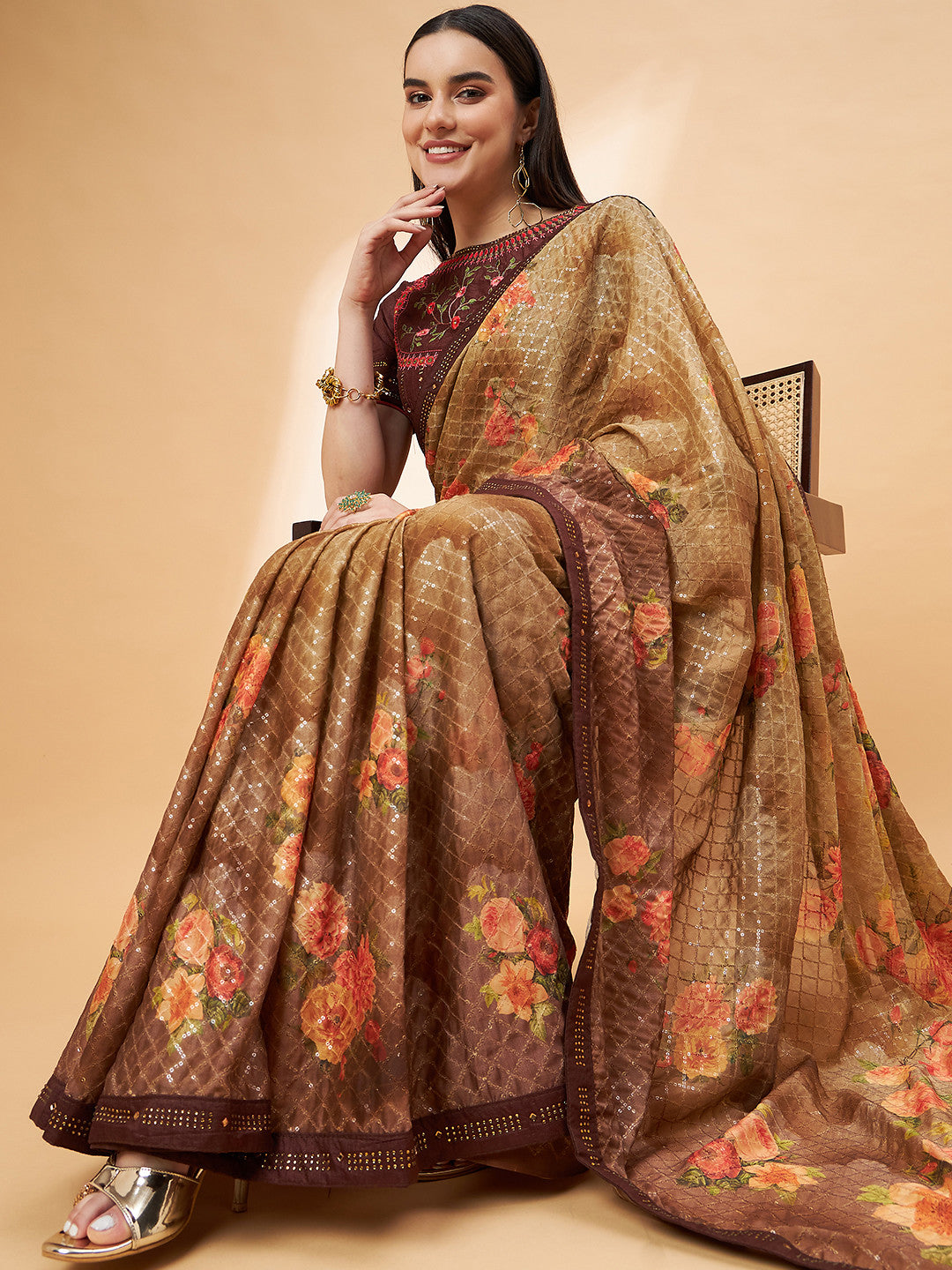 Pastry Brown Georgette Designer Saree