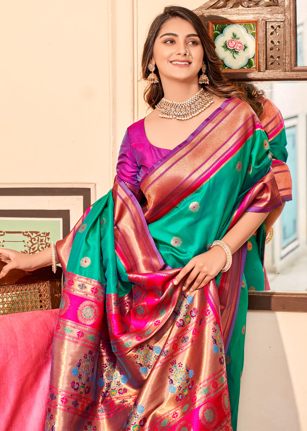 Jade Green Woven Paithani Soft Silk Saree