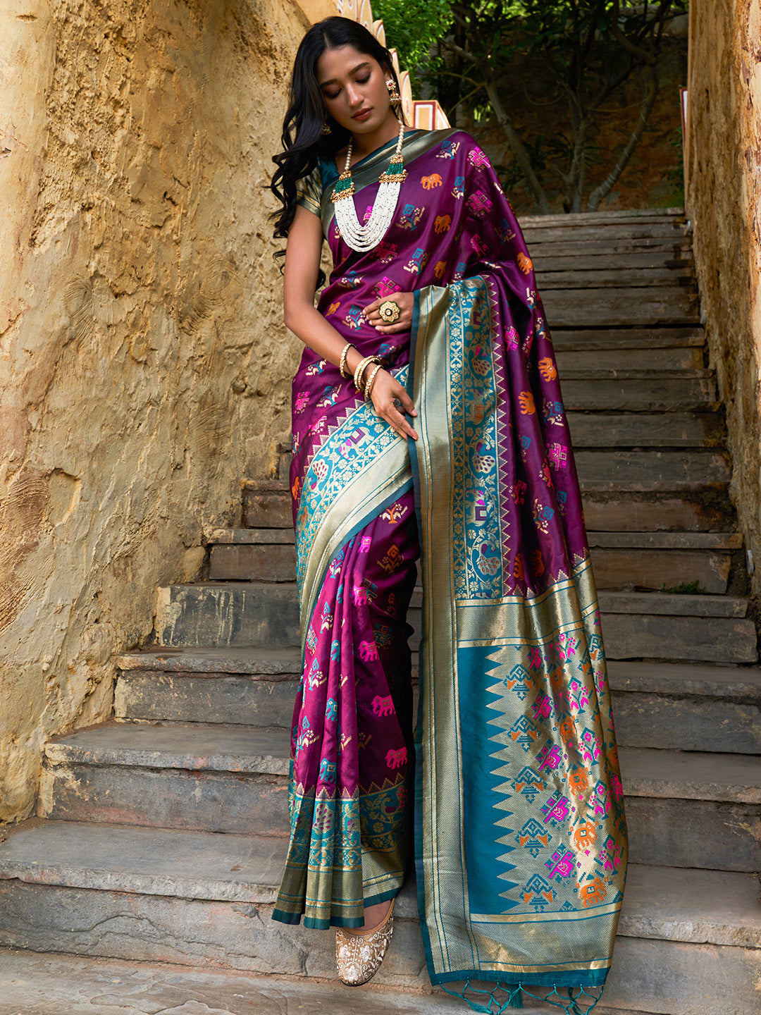 Tawny Port Purple Woven Banarasi Silk Saree