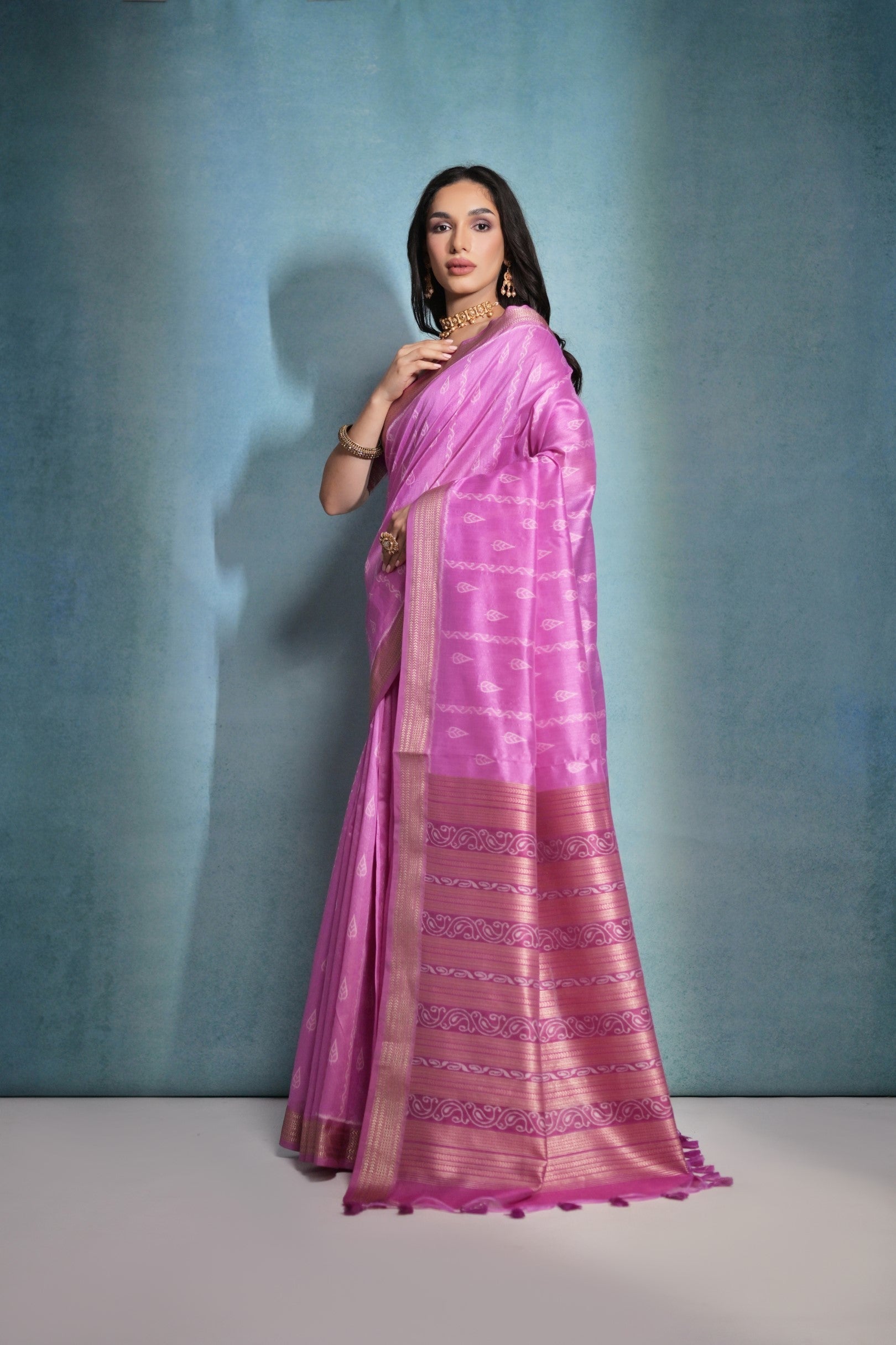 Orchid Pink Ikkat Woven Raw Silk Saree