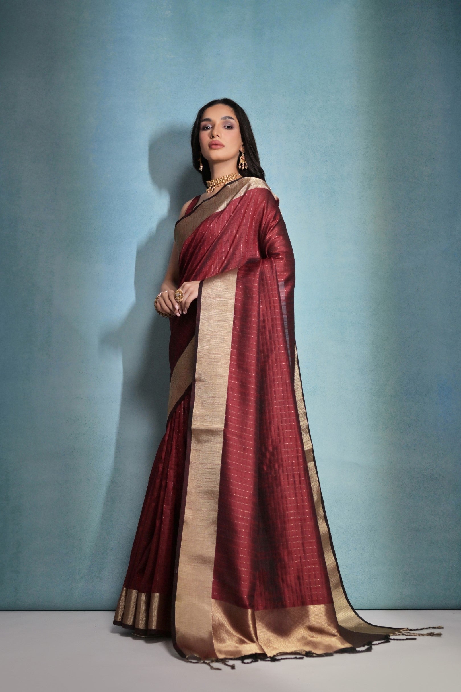 Saddle Maroon Woven Raw Silk Saree