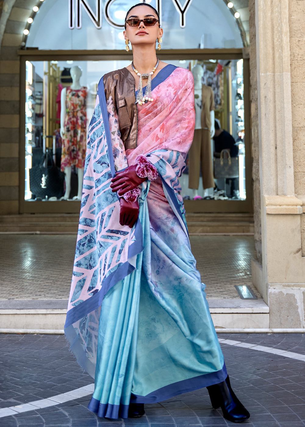 Middle Blue and Pink Digital Printed Satin Silk Saree