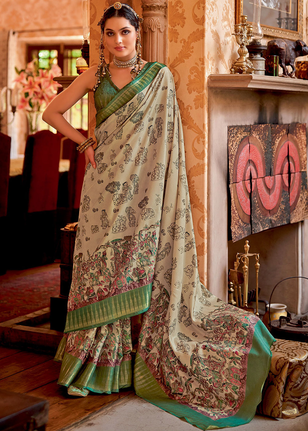 Chino Cream and Green Manipuri Temple Printed Silk Saree