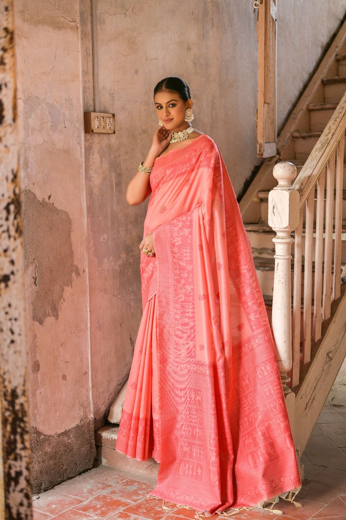 Bittersweet Peach Handloom Banarasi Raw Silk Saree