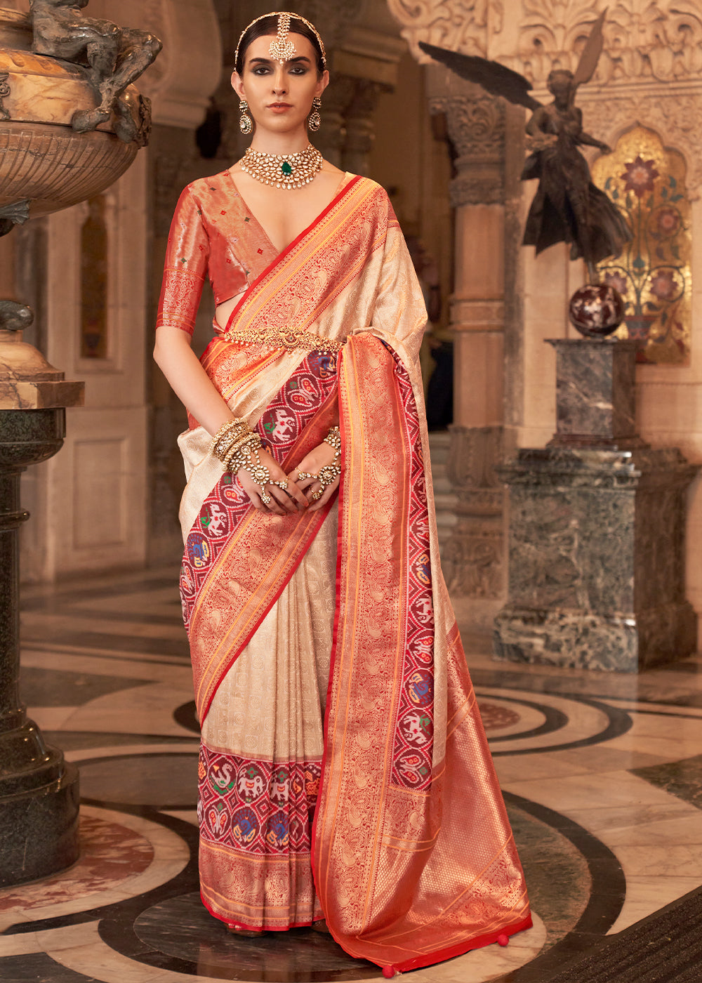 Sandy Beach Cream Zari Woven Banarasi Meenkari Silk Saree