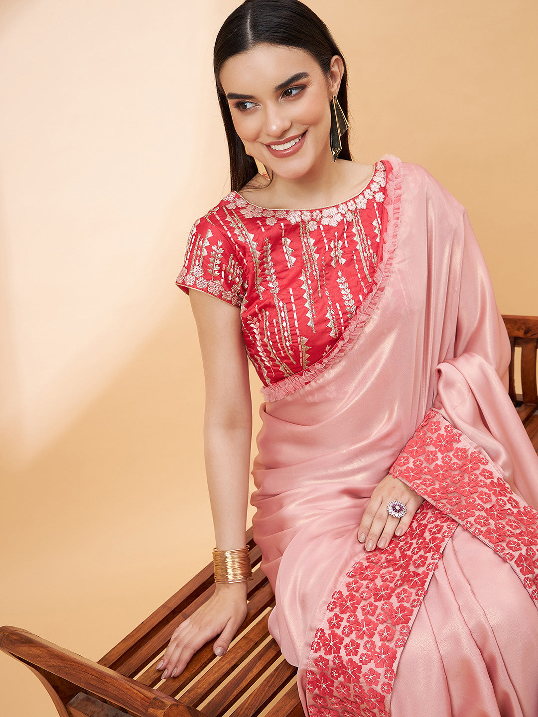 Shimmering Peach Georgette Designer Saree