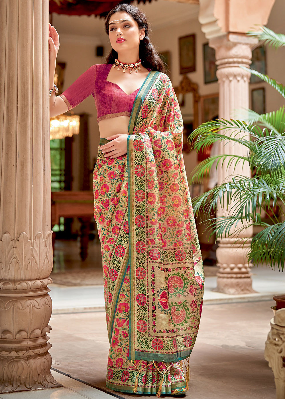 Amaranth Pink Banarasi Printed Silk Saree