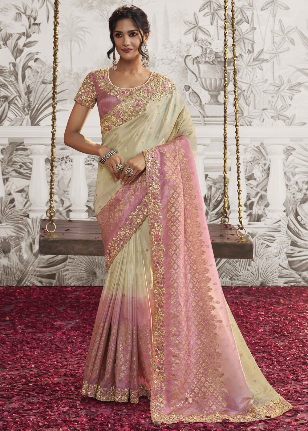 Timid Cream and Pink Embroidered Designer Silk Saree