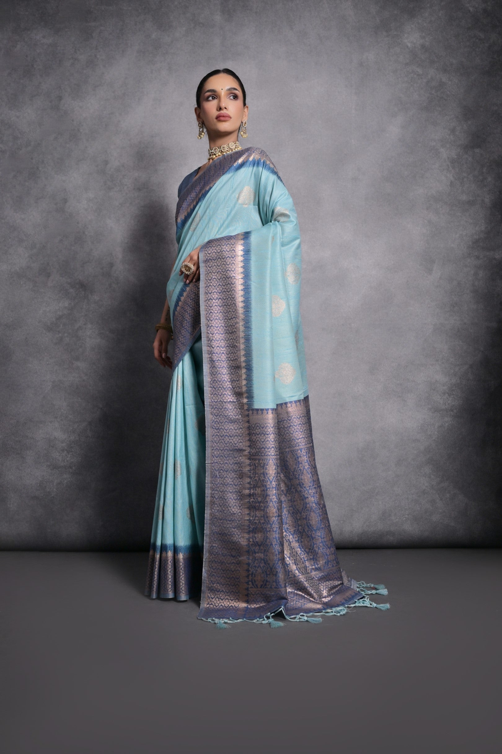 Sinbad Blue Tussar Temple Border Silk Saree