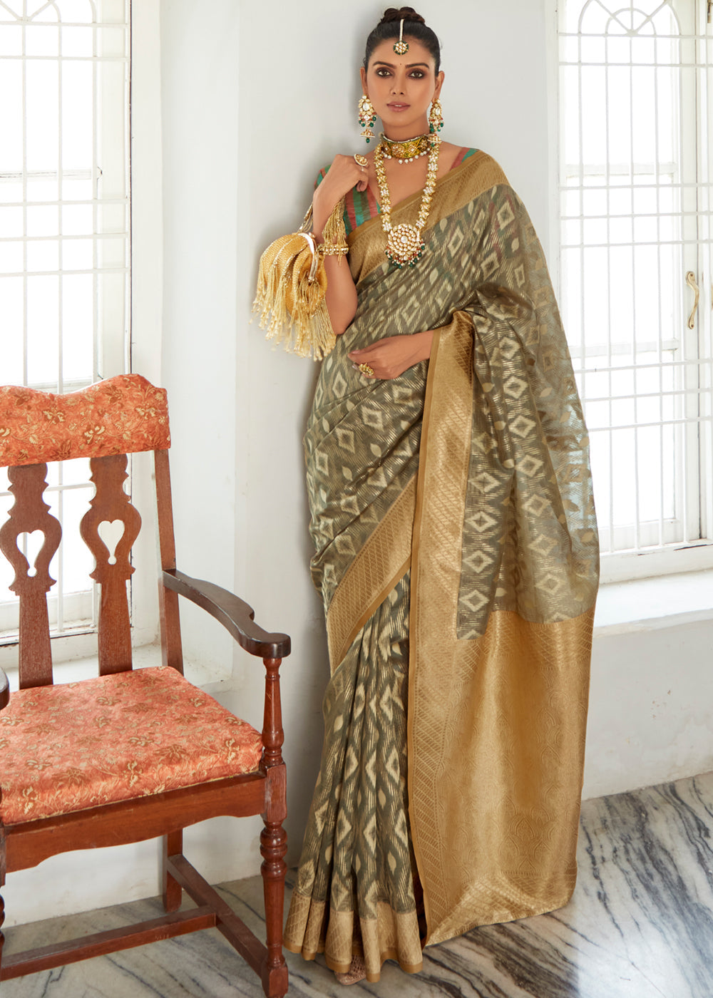 Shadow Green Woven Banarasi Organza Silk Saree