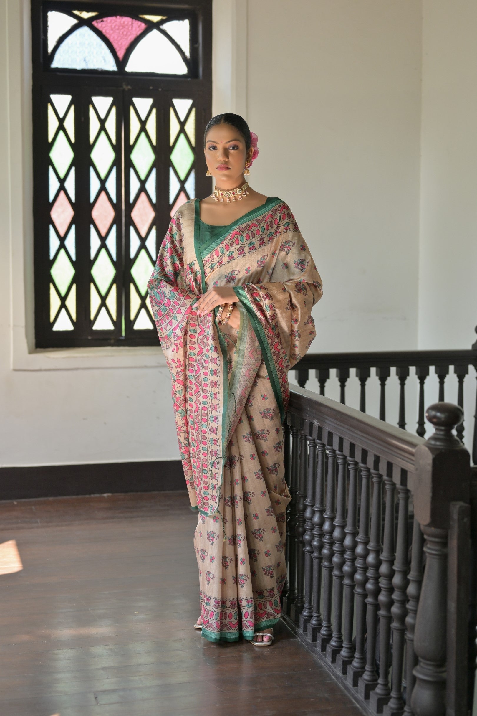 Almond Cream and Green Madhubani Printed Tussar Silk Saree