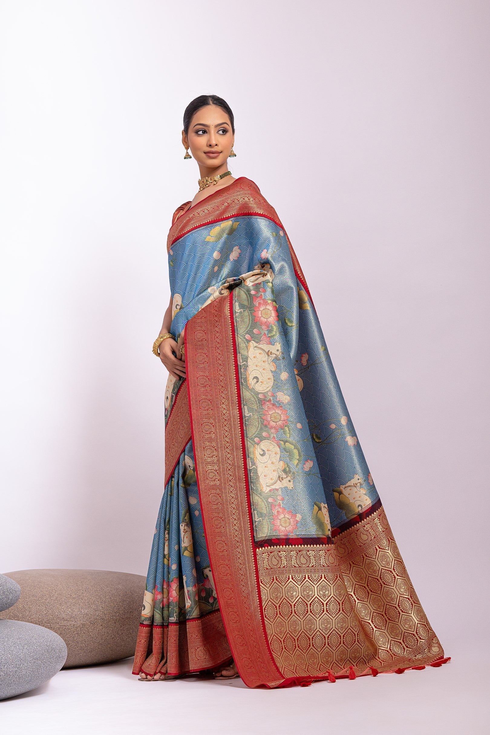 St Tropaz Blue Woven Tissue Silk Saree