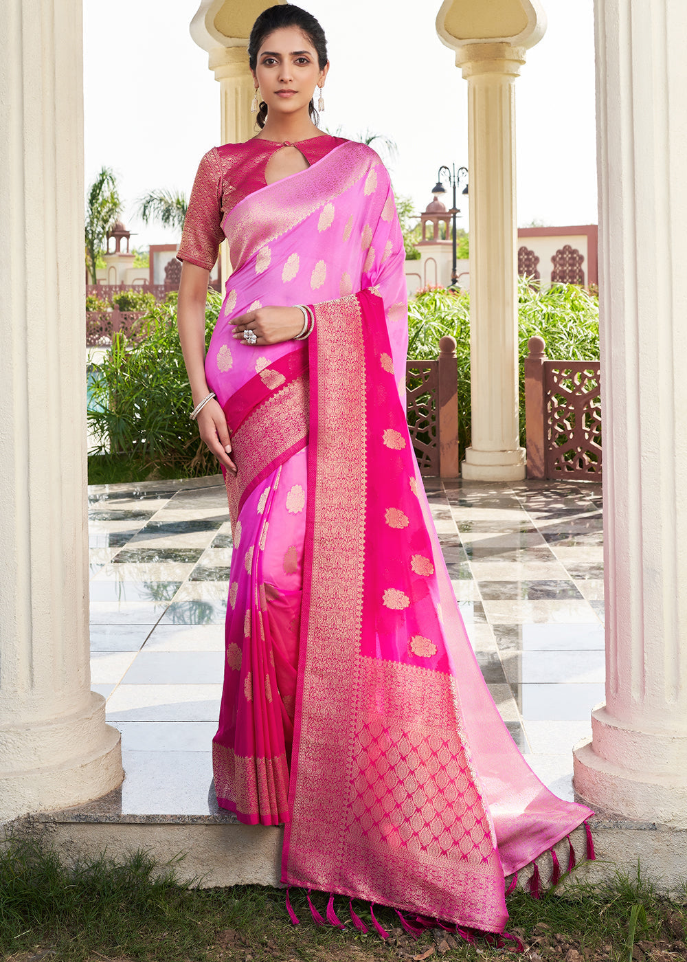 Magenta Pink Zari Woven Georgette Saree