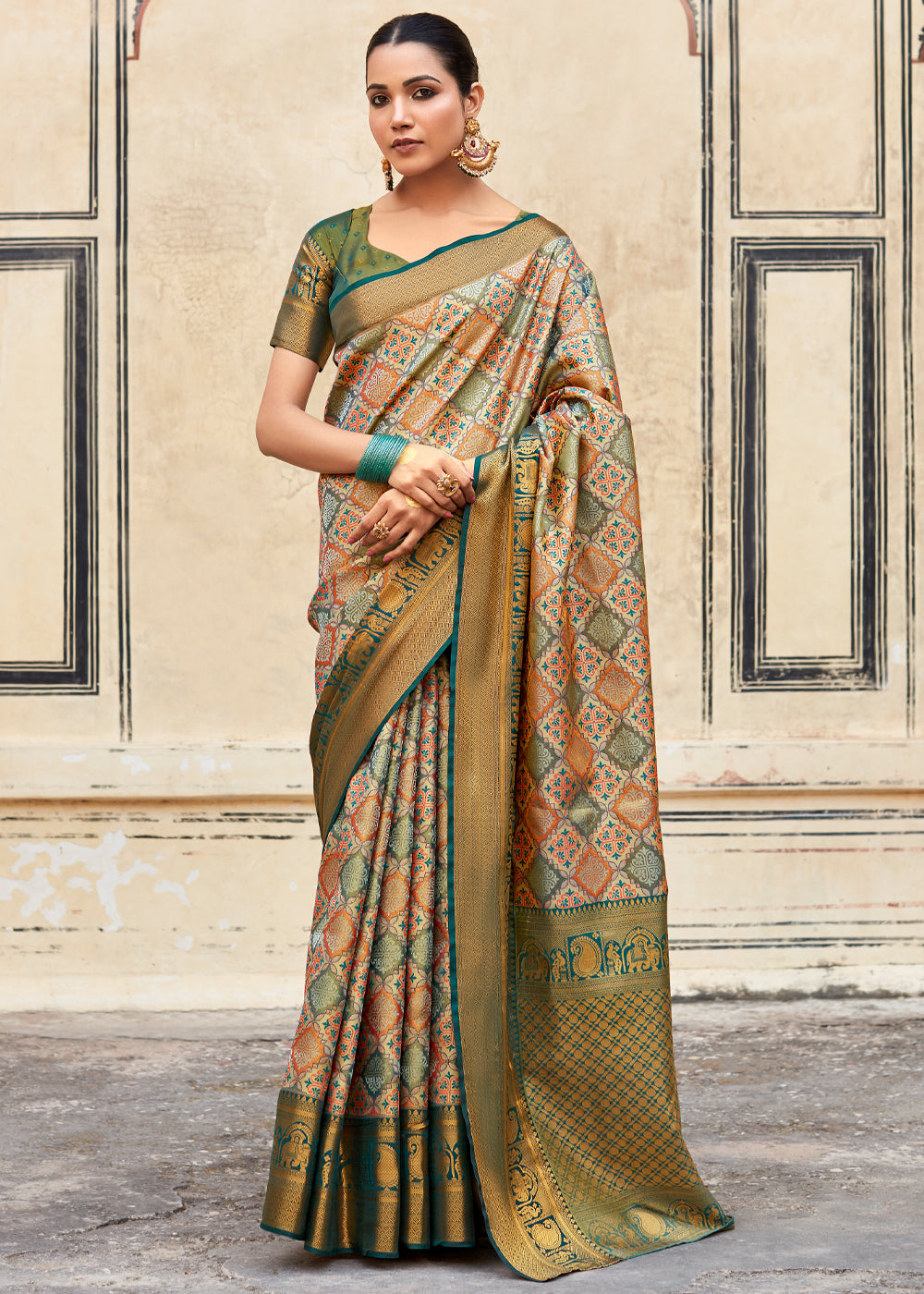 Siam Green and Brown Woven Banarasi Silk Saree