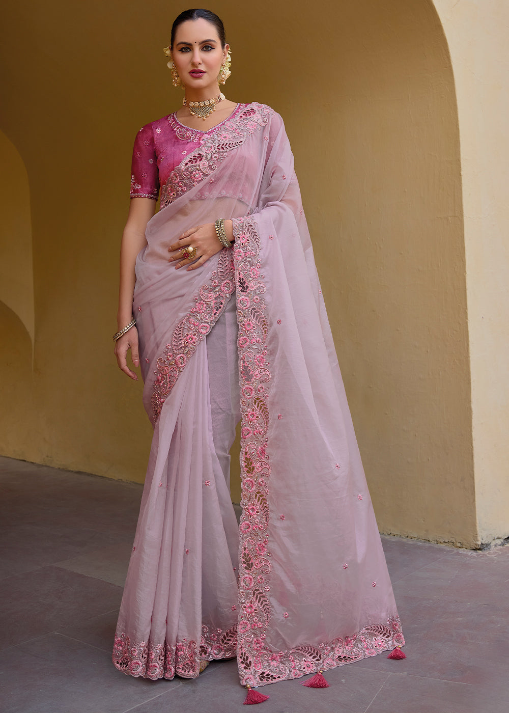 Lily Pink Tissue Organza Embroidered Silk Saree