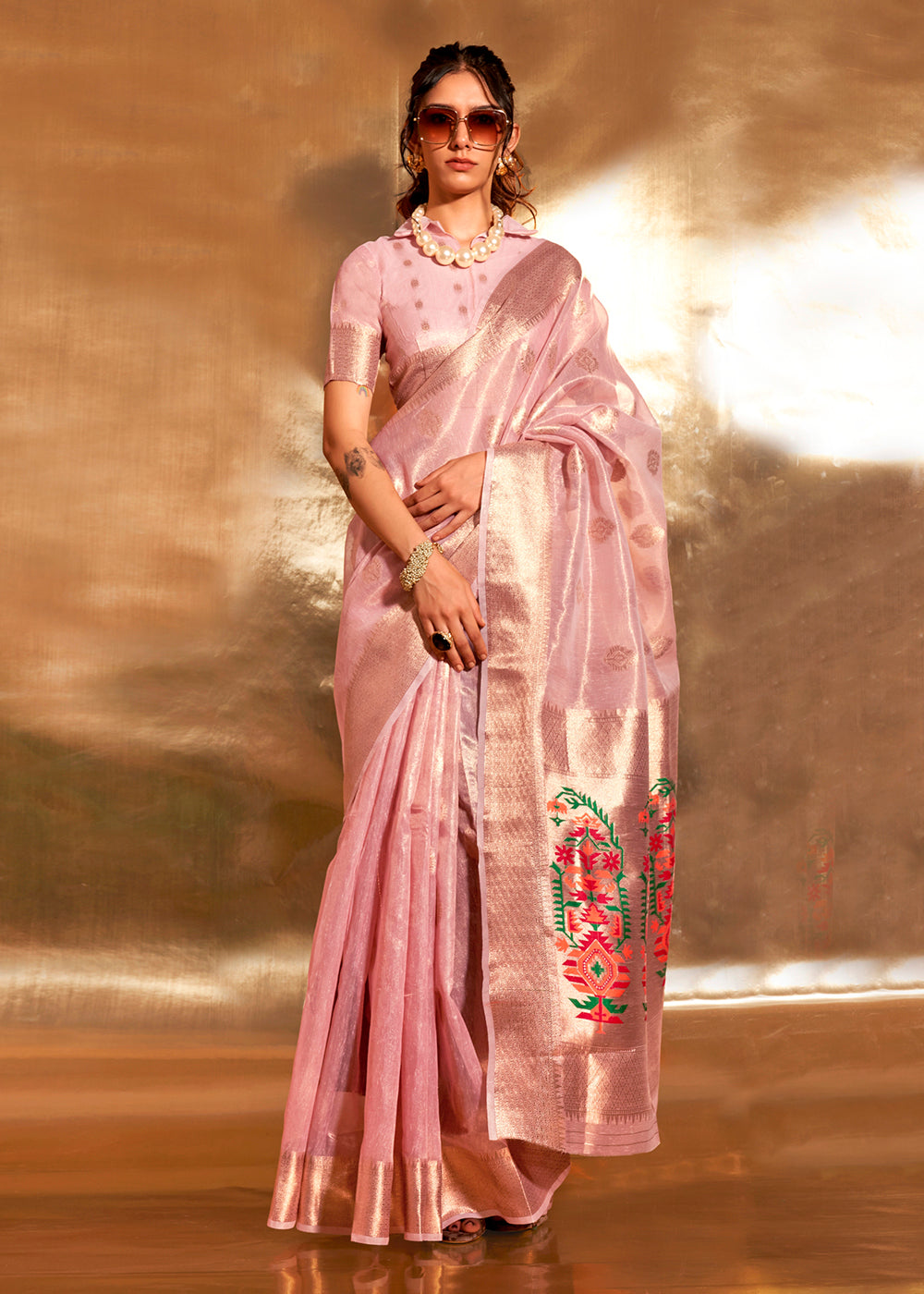 Japonica Peach Handloom Tissue Silk Saree