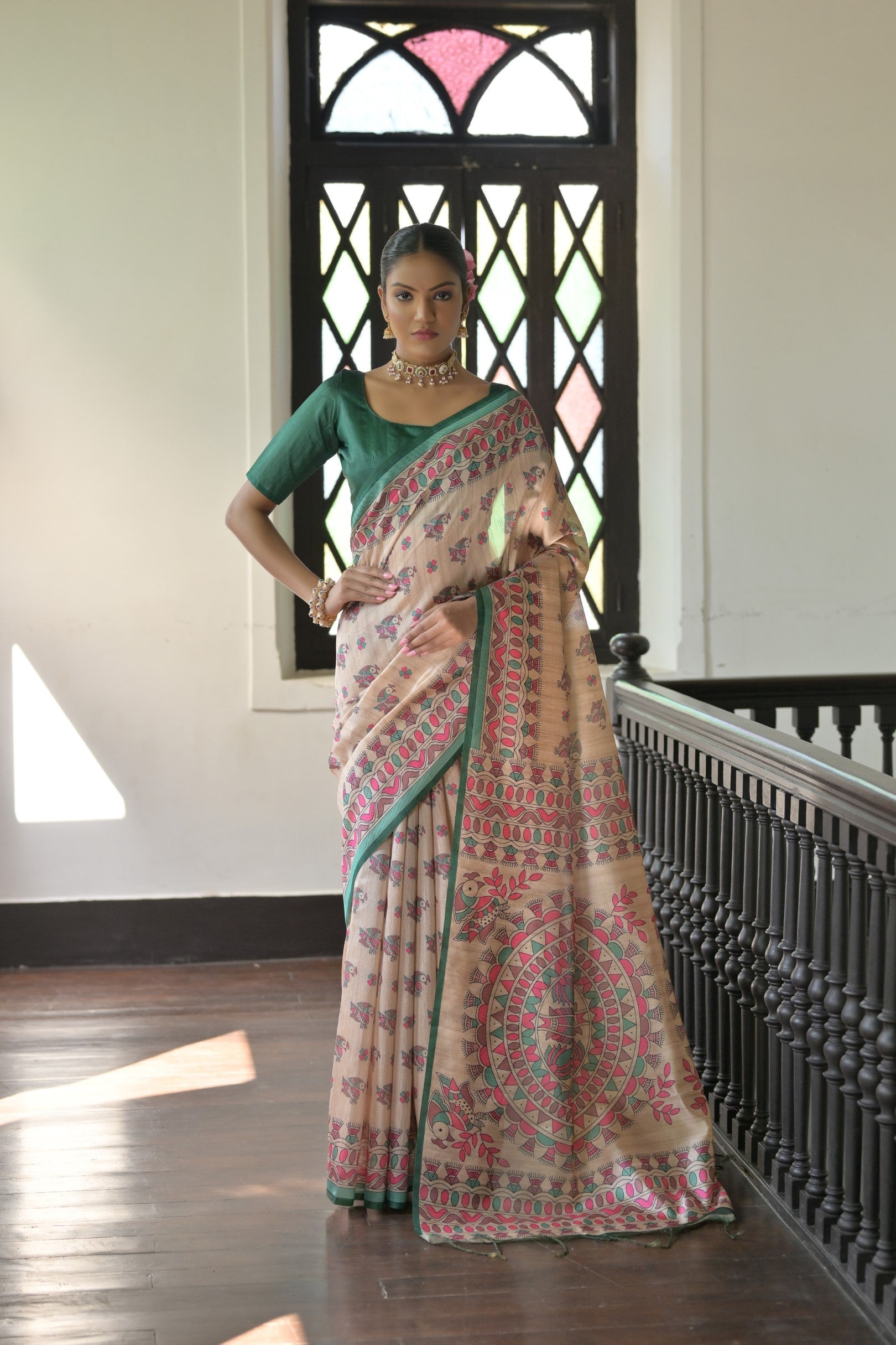 Almond Cream and Green Madhubani Printed Tussar Silk Saree