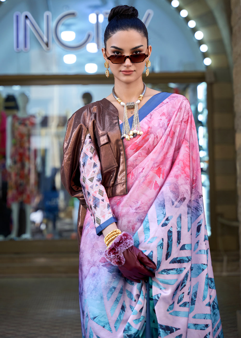 Middle Blue and Pink Digital Printed Satin Silk Saree