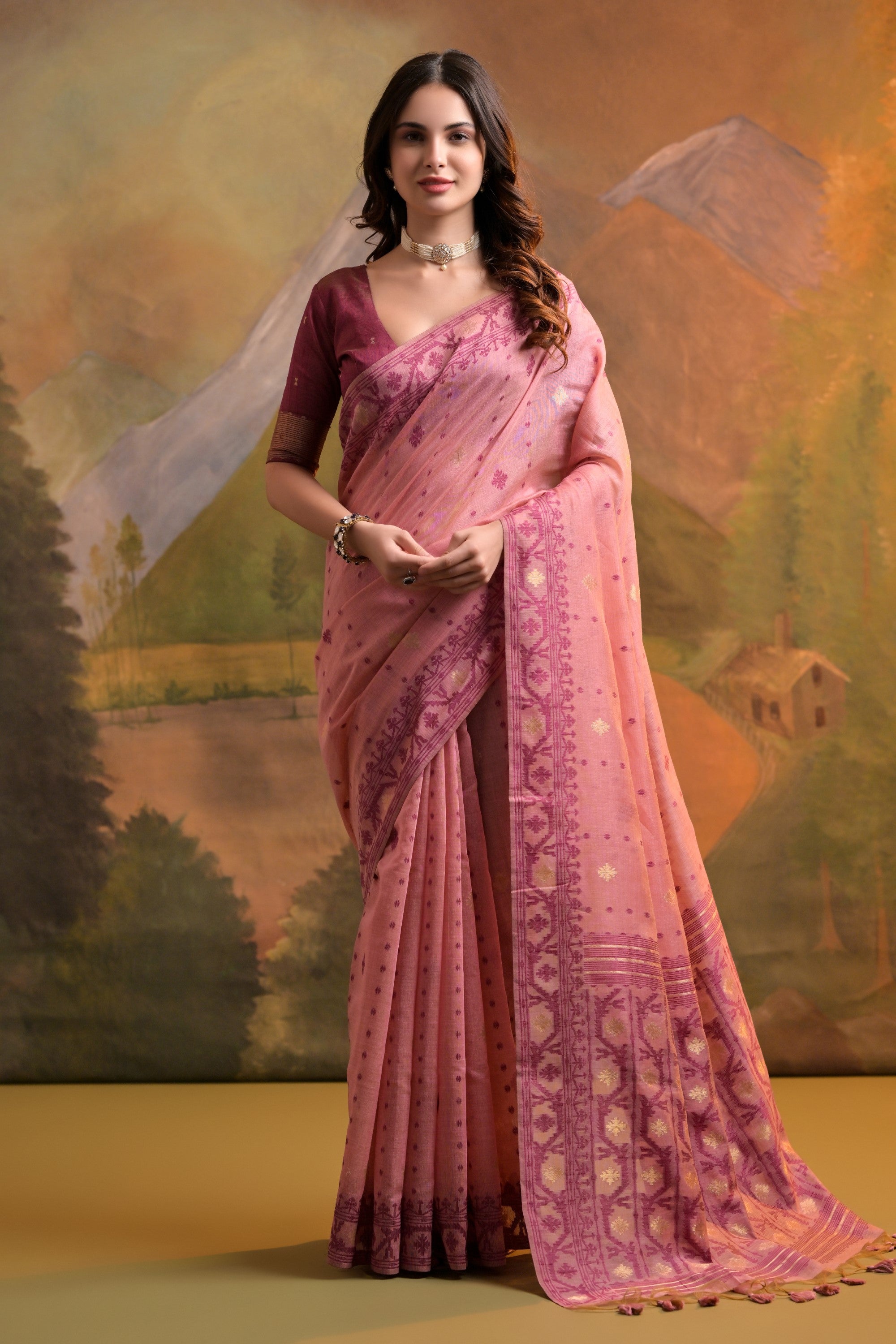 Charm Pink Jamdani Woven Muga Cotton Saree