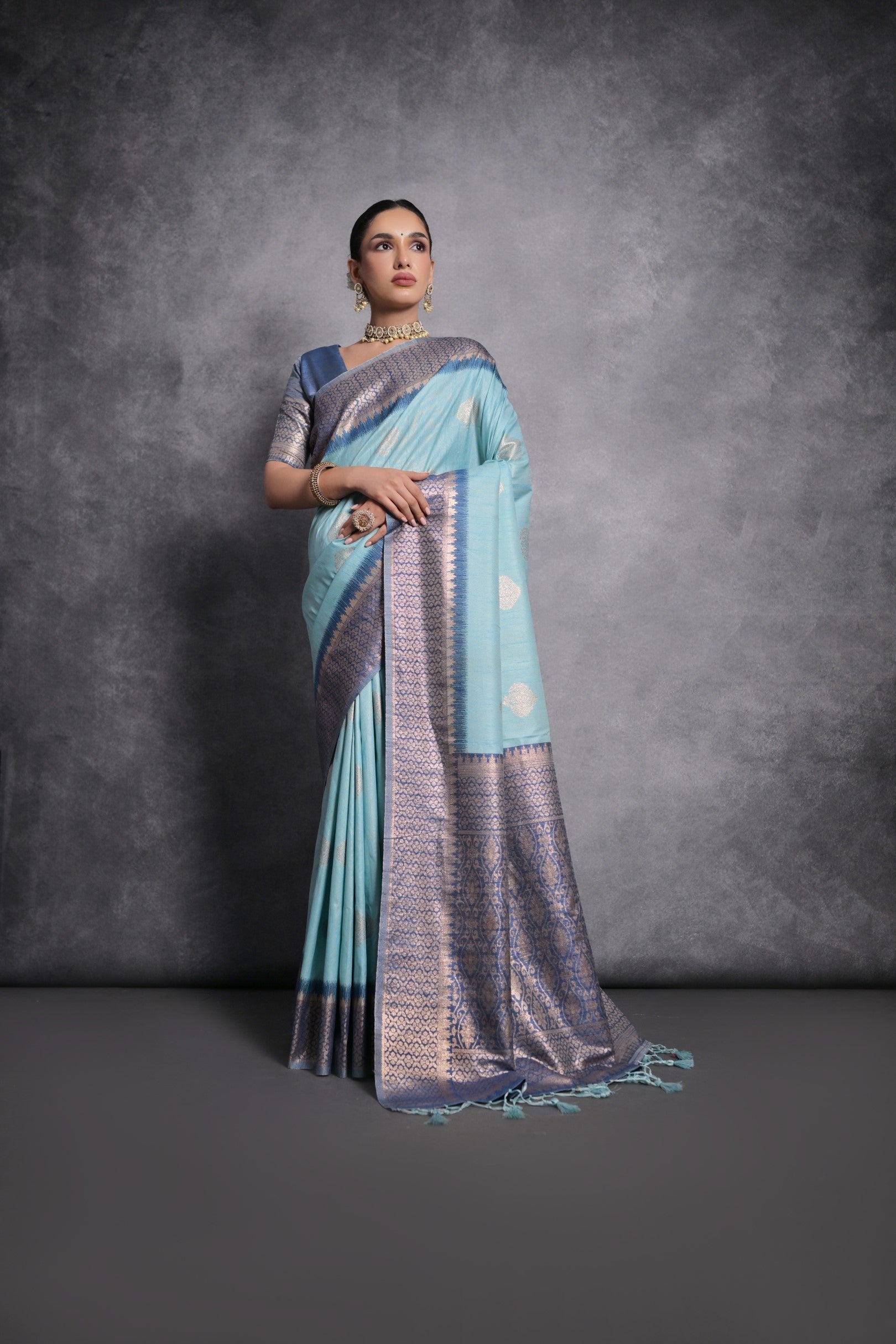 Sinbad Blue Tussar Temple Border Silk Saree