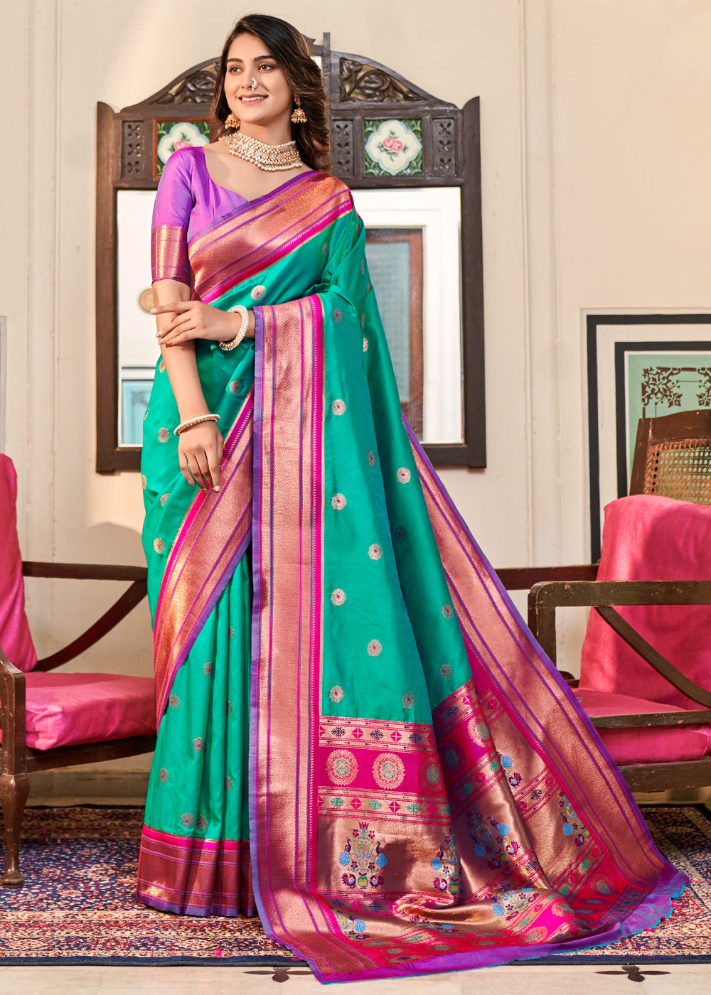 Jade Green Woven Paithani Soft Silk Saree