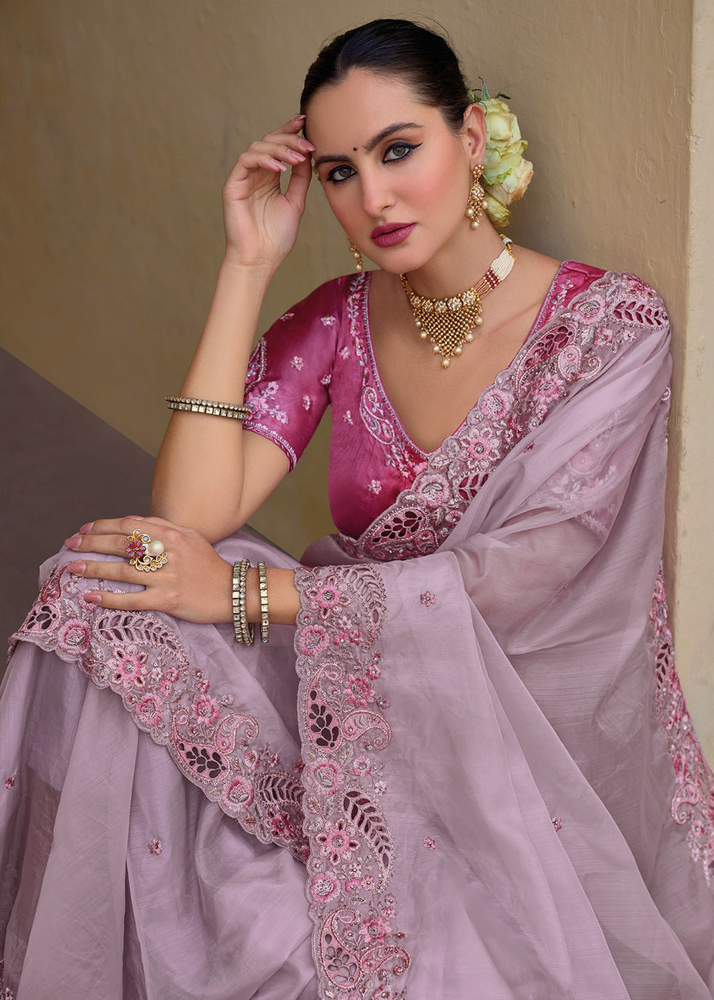 Lily Pink Tissue Organza Embroidered Silk Saree