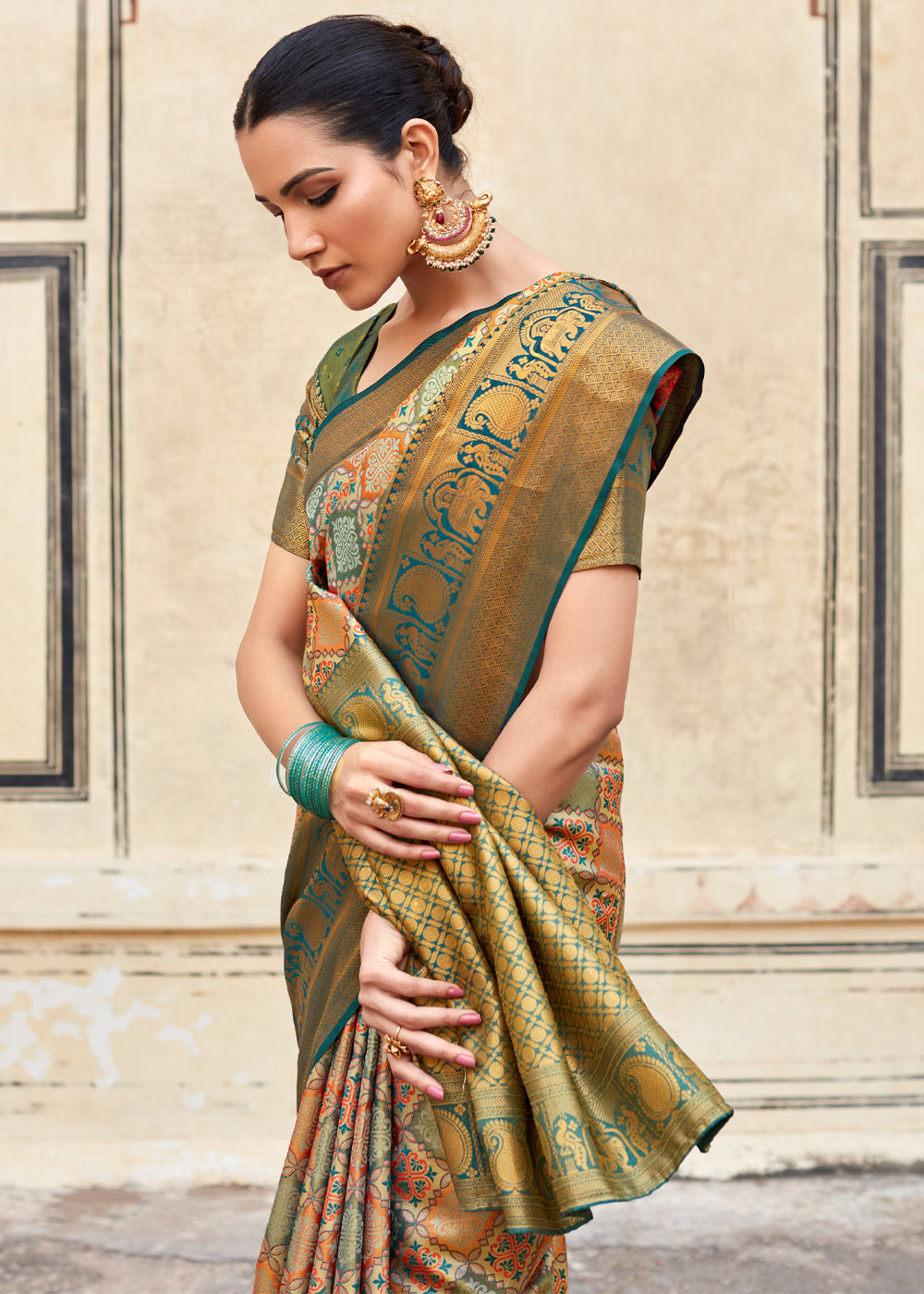 Siam Green and Brown Woven Banarasi Silk Saree