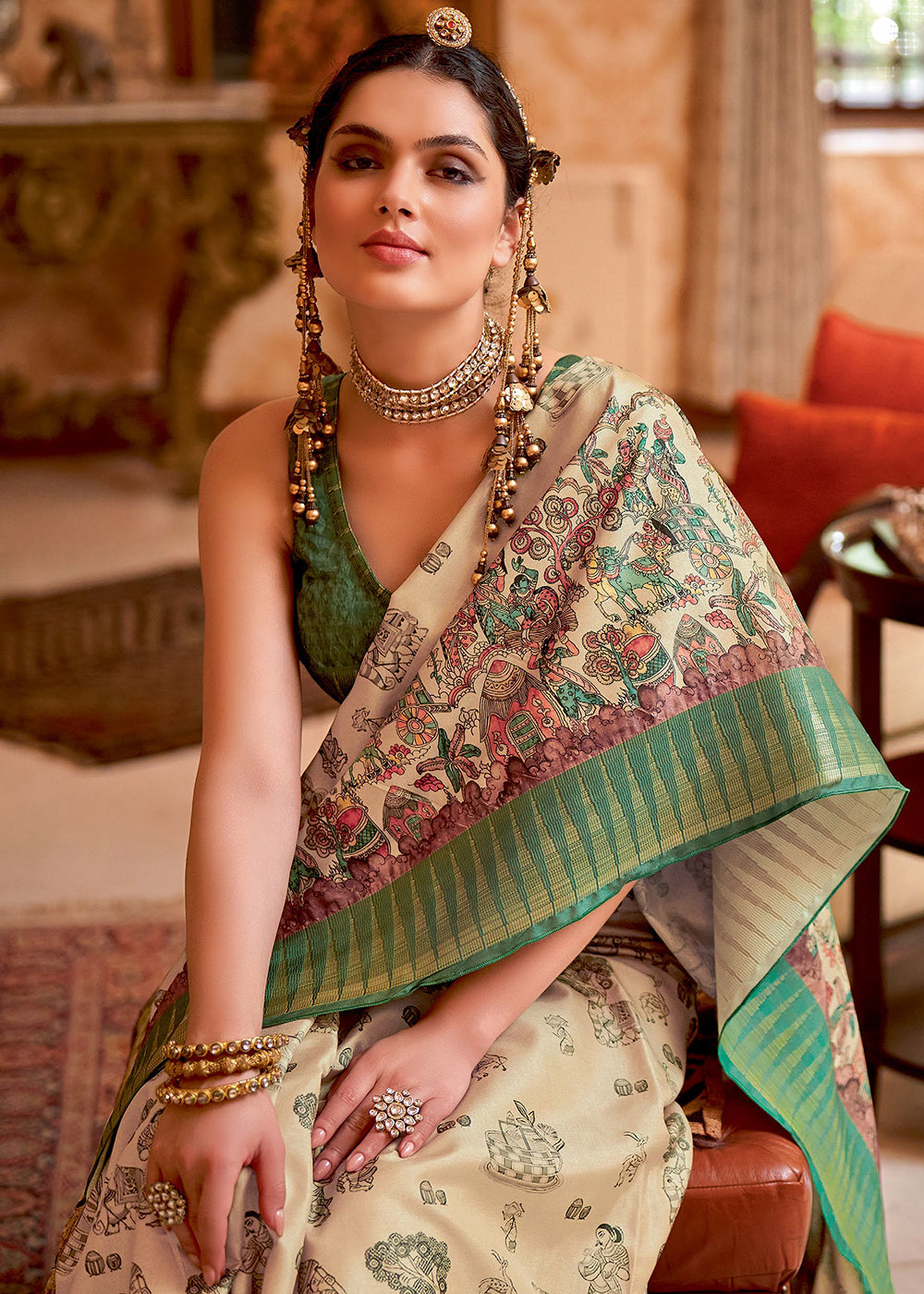 Chino Cream and Green Manipuri Temple Printed Silk Saree