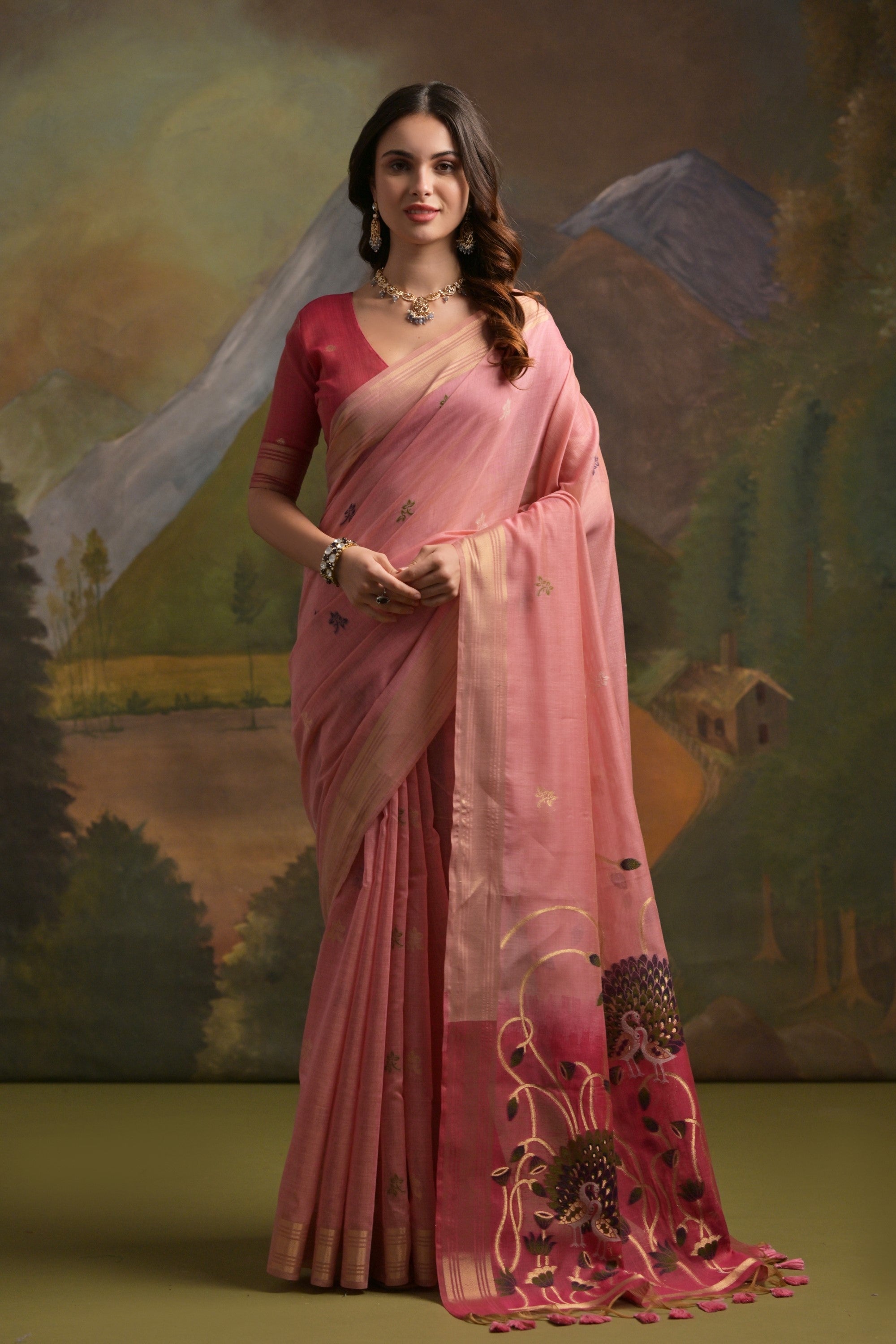 China Rose Pink Pichwai Woven Muga Cotton Saree