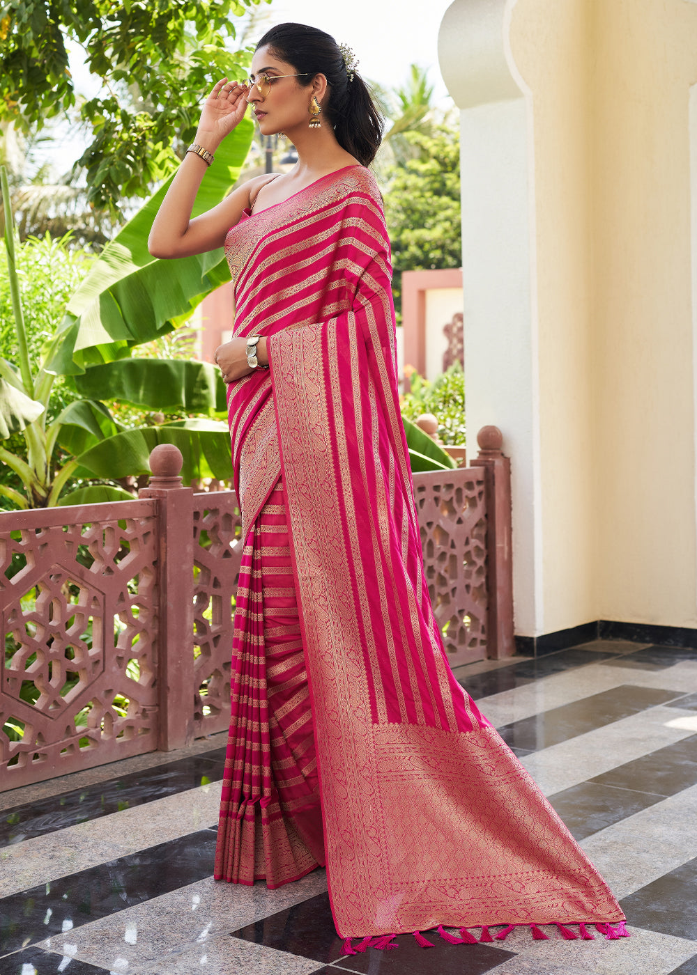 French Rose Pink Woven Lehriya Georgette Saree