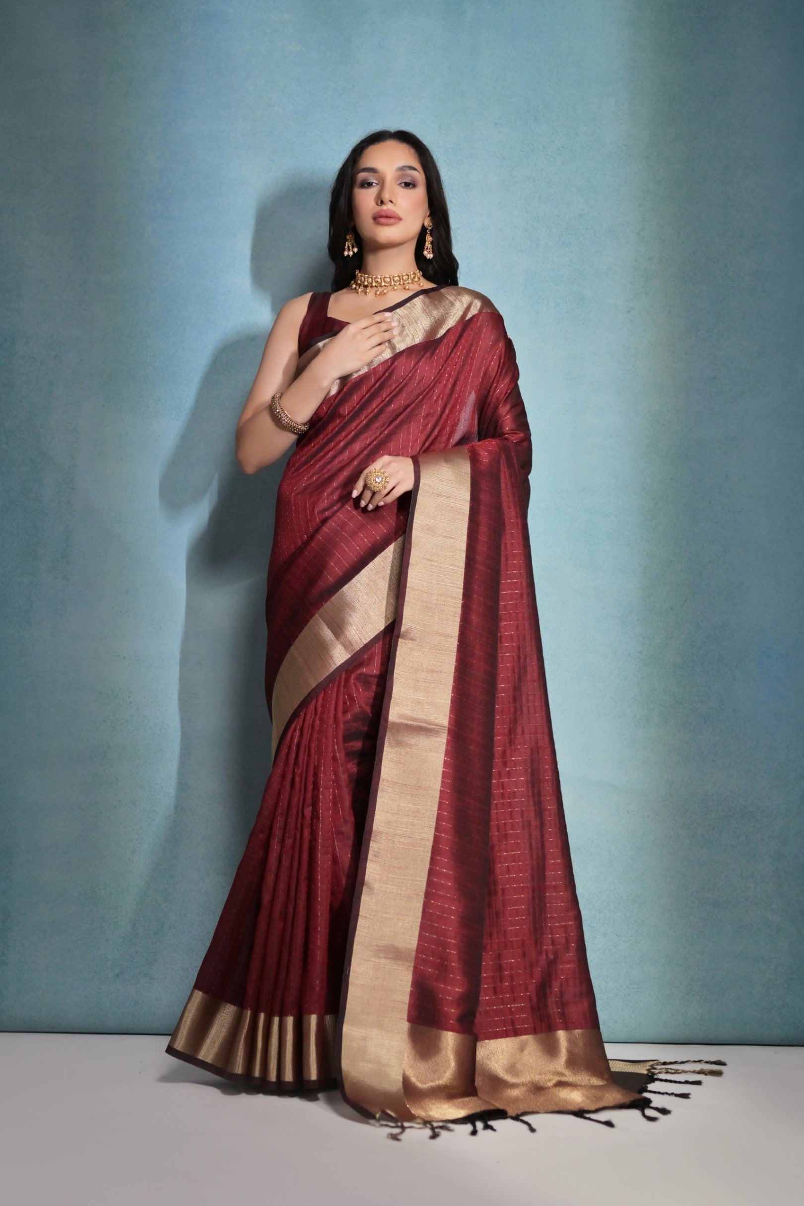 Saddle Maroon Woven Raw Silk Saree