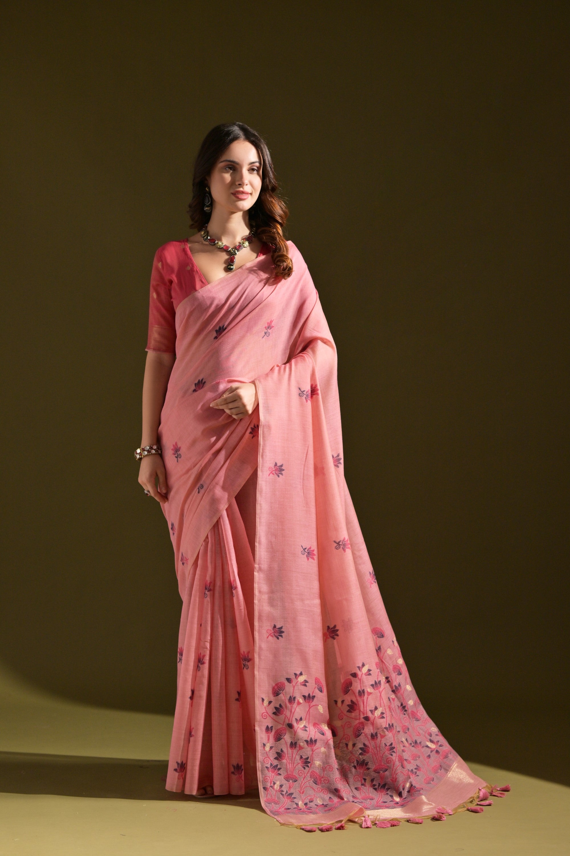 Sea Pink Meenakari Woven Muga Cotton Saree