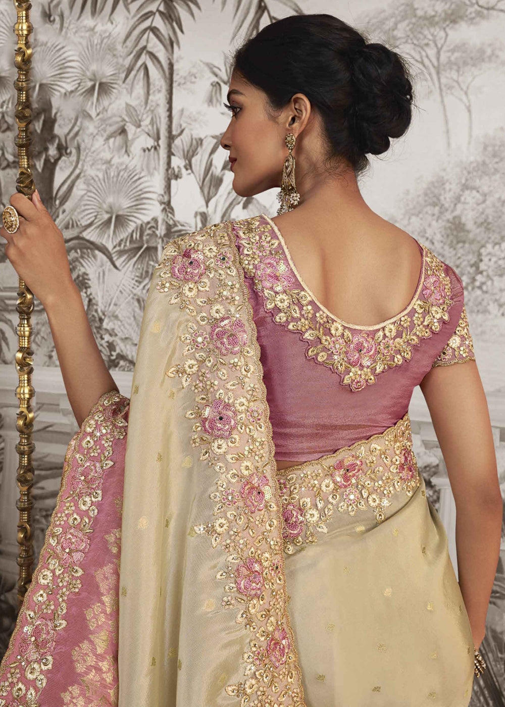 Timid Cream and Pink Embroidered Designer Silk Saree