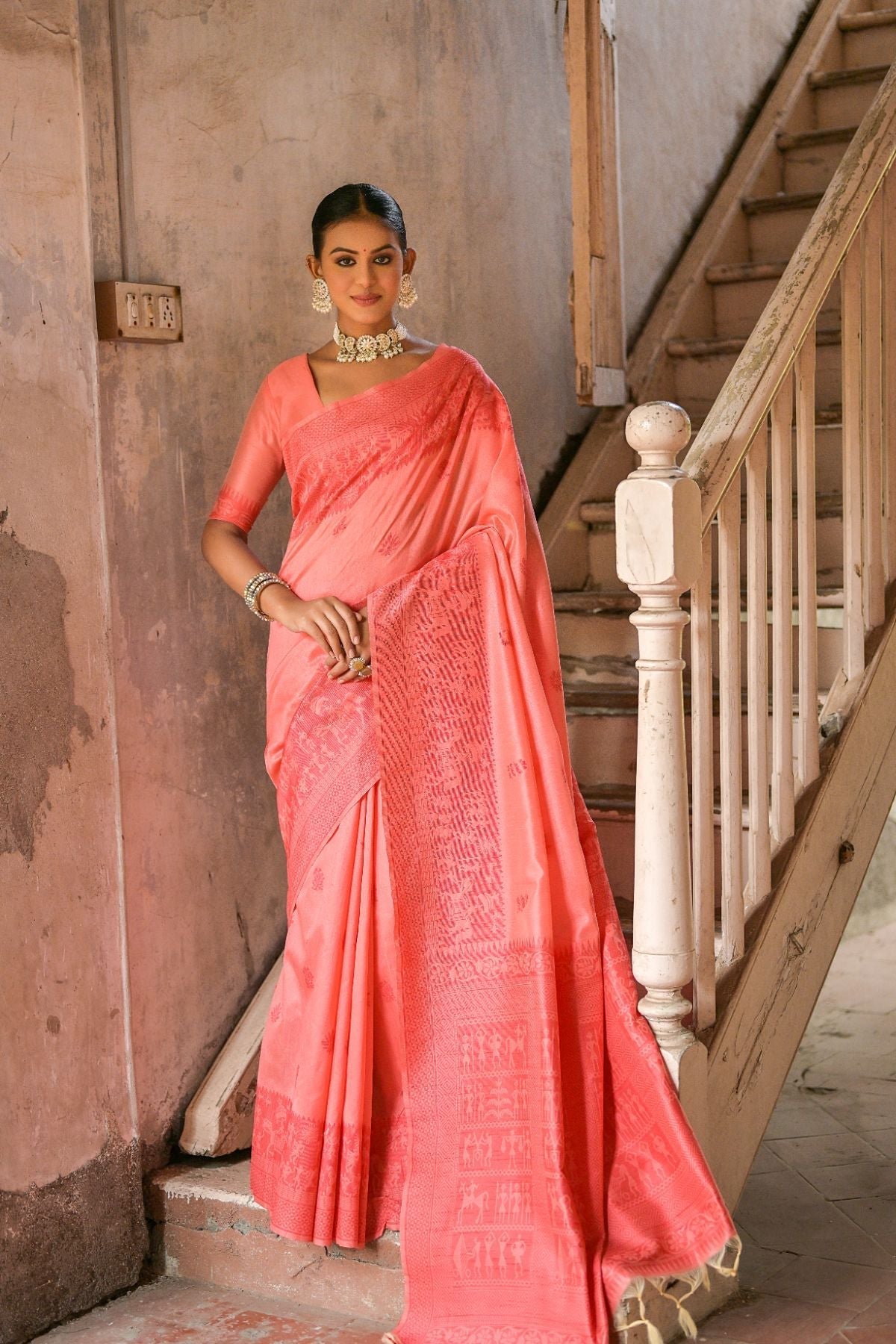 Bittersweet Peach Handloom Banarasi Raw Silk Saree