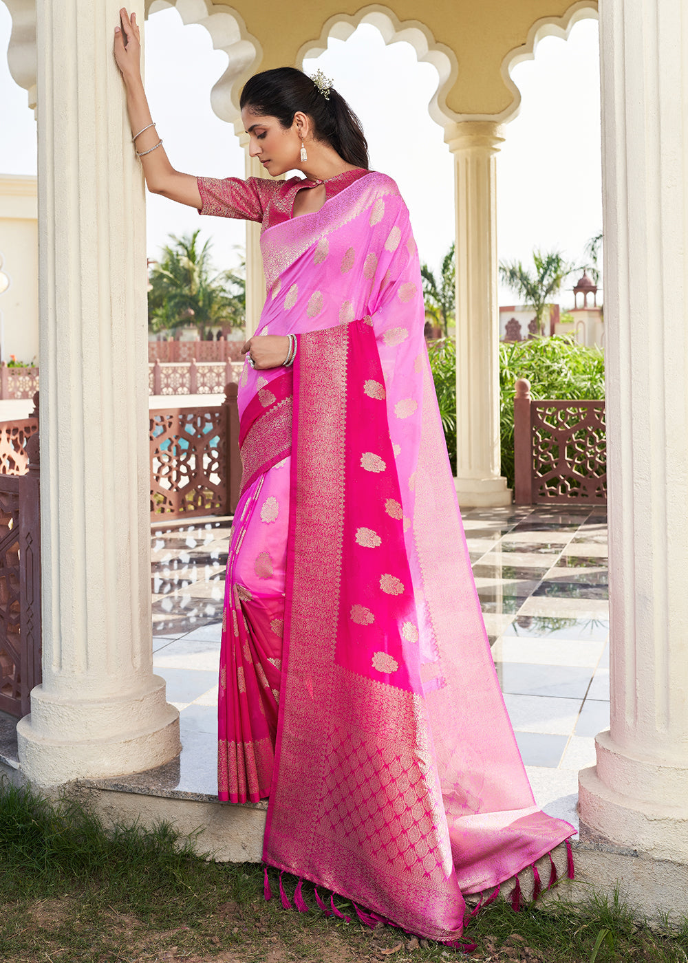 Magenta Pink Zari Woven Georgette Saree